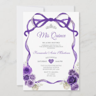 Mörk Lila blommor Bow Ribbon Silver Mis Quince Inbjudningar