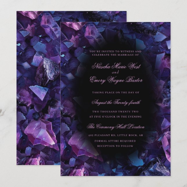 Mörk Lila Boho Witch Crystals Black Bröllop Inbjudningar (Fram/baksida)