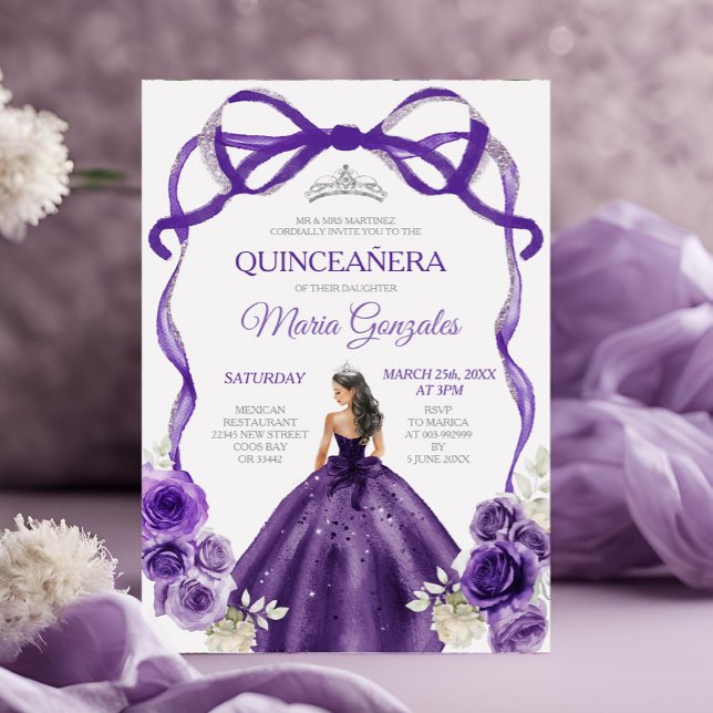Mörk Lila Bow Princess Silver Krona Quinceañera Inbjudningar (Skapare uppladdad)