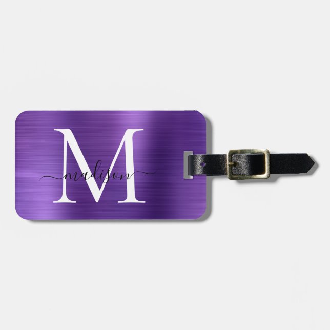 Mörk Lila Brushed Metall Script Monogram Cute Bagagebricka (Horisontell Framsida)