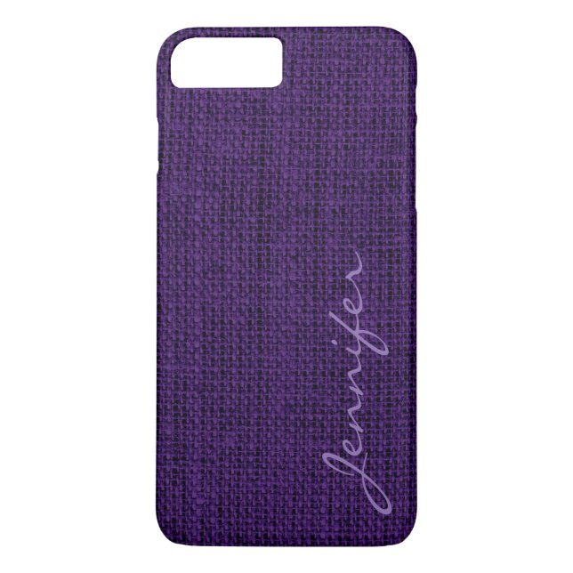 Mörk Lila Burlap Rustic Linen Monogram Case-Mate iPhone Skal (Baksida)