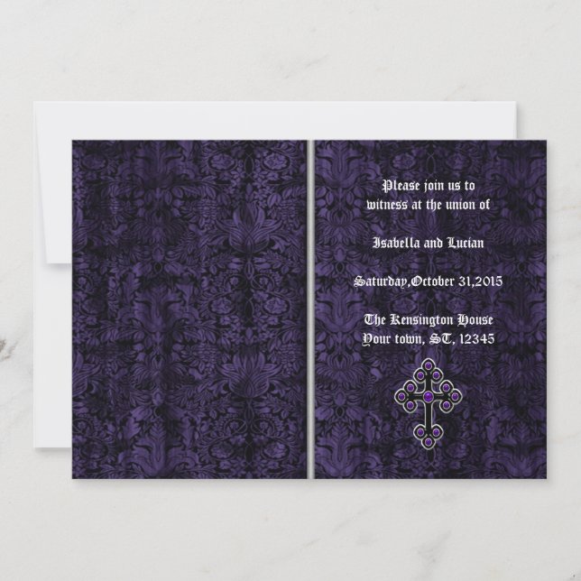 Mörk Lila Damask Kor Gothic Bröllop Inbjudningar (Framsida)