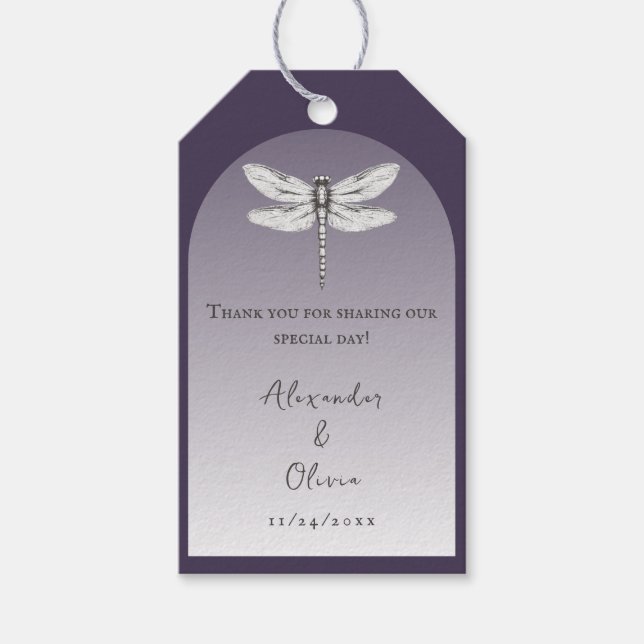 Mörk Lila Dragonfly Wedding Favor Presentetikett (Framsidan)