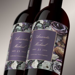 Mörk Lila Elegant Blommigt Bride and Groom Bröllop Vinflaska Etikett