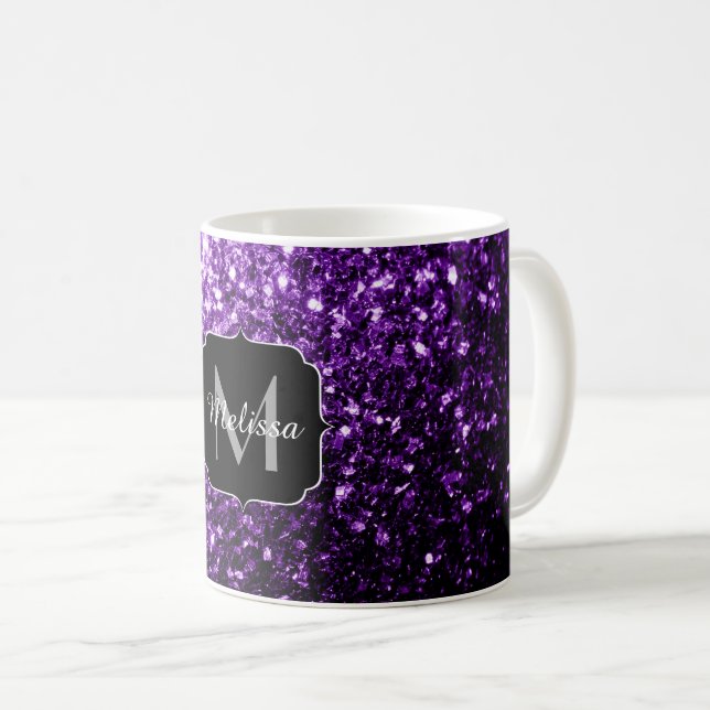 Mörk Lila faux shiny glitter sparkles Monogram Kaffemugg (Framsida höger)