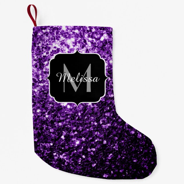 Mörk Lila faux shiny glitter sparkles Monogram Liten Julstrumpa (Framsidan)