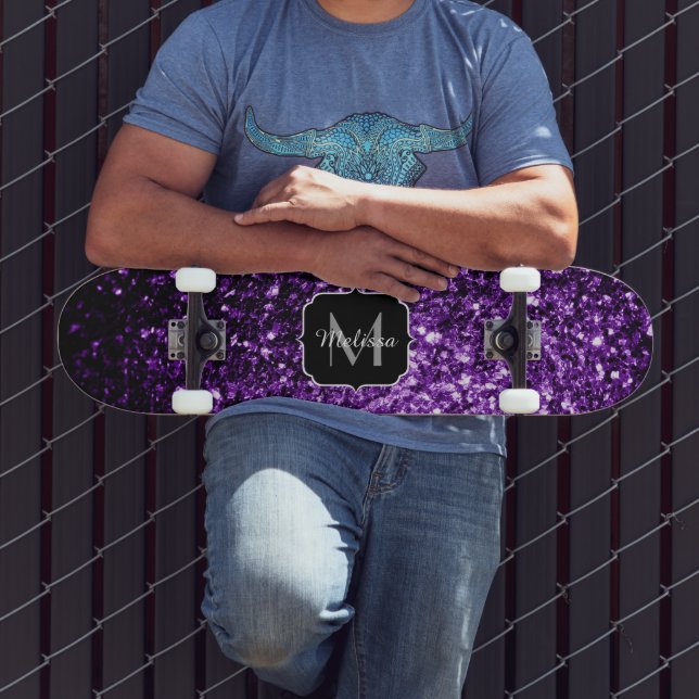 Mörk Lila faux shiny glitter sparkles Monogram Mini Skateboard Bräda 18,7 Cm (Utomhus 3)