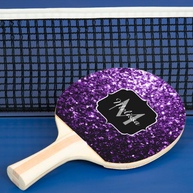 Mörk Lila faux shiny glitter sparkles Monogram Pingisracket (Insitu)