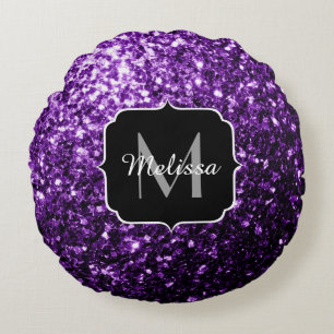 Mörk Lila faux shiny glitter sparkles Monogram Rund Kudde