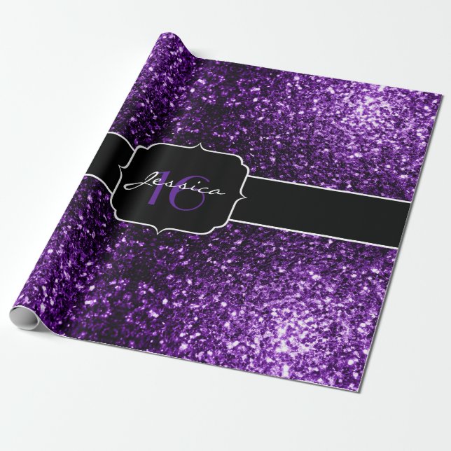 Mörk Lila faux shiny glitter sparkles Sweet 16 Presentpapper (Utrullad)