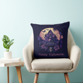 Mörk Lila Gothic Haunted House Happy halloween Kudde