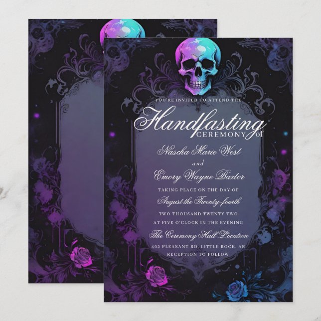 Mörk Lila Gothic Light Blommigt Skullhandtag Inbjudningar (Fram/baksida)