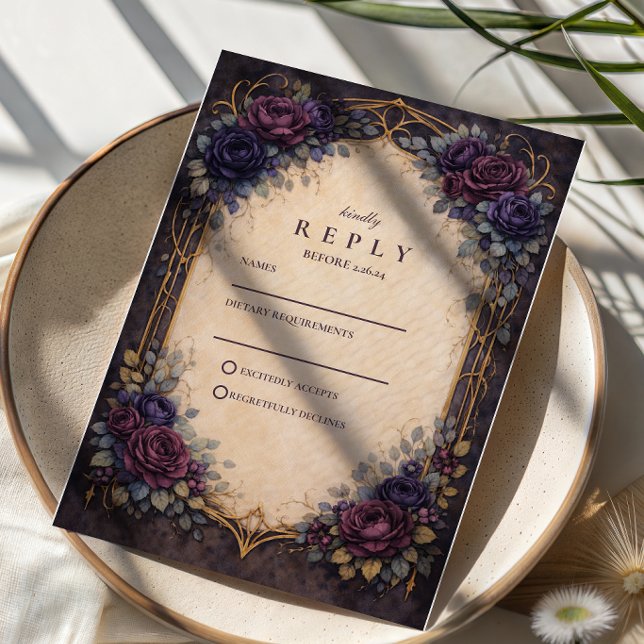 Mörk lila gotisk blombröllop OSA kort (Skapare uppladdad)
