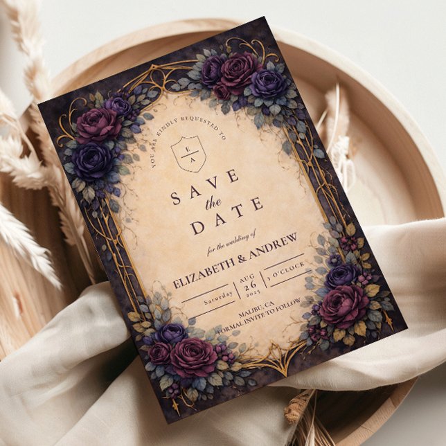 Mörk Lila Gotisk Blommig Bröllop Spara Datumet (Skapare uppladdad)