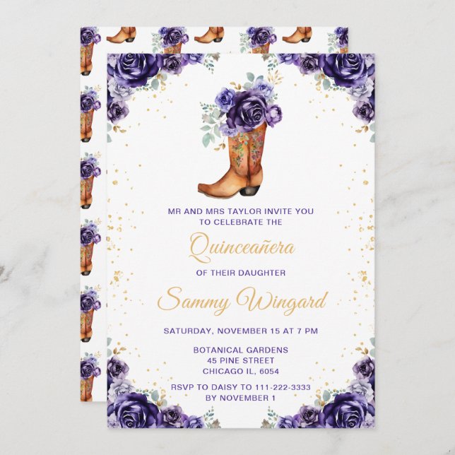 Mörk Lila Guld Blommigt Cowboy Boot Quinceañera Inbjudningar (Fram/baksida)