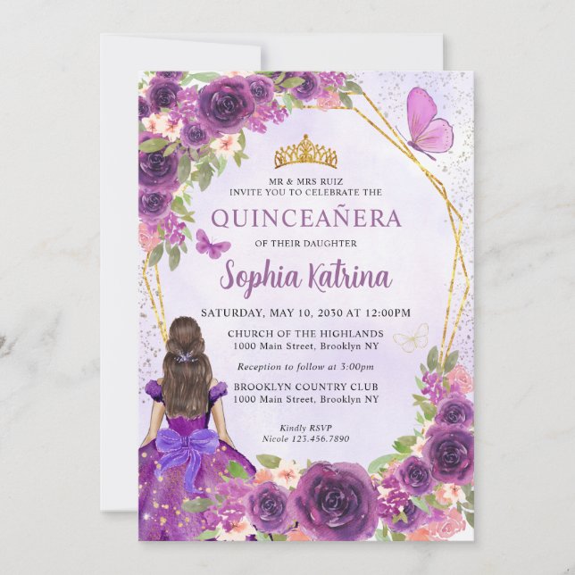 Mörk Lila Guld Blommigt Princess Quinceañera Inbjudningar (Framsida)