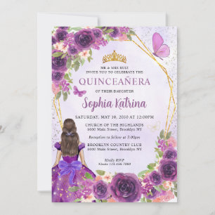 Mörk Lila Guld Blommigt Princess Quinceañera Inbjudningar
