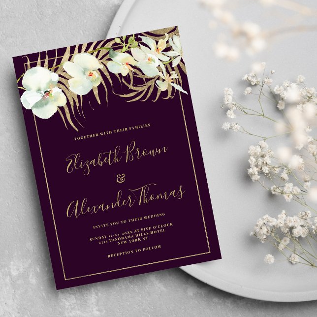 Mörk lila guld elegant orkidé blommigt bröllop inbjudningar (Dark purple gold elegant orchid floral wedding)