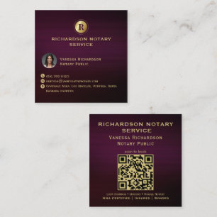 Mörk Lila & Guld Monogram Sleek Notary QR Foto Fyrkantigt Visitkort