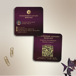 Mörk Lila & Guld Monogram Sleek Notary QR Photo Fyrkantigt Visitkort