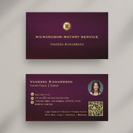 Mörk Lila & Guld Monogram Sleek Notary QR Photo Visitkort