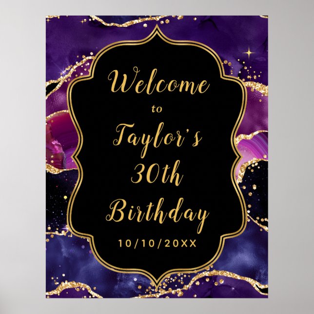 Mörk Lila Guld Sequins Agate Birthday Välkommen Poster (Framsidan)