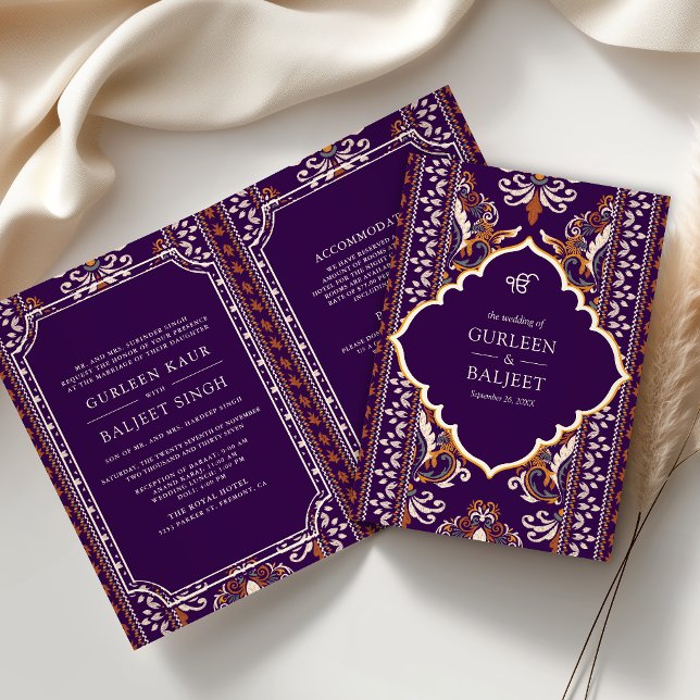 Mörk Lila Gult Ikat All in One Sikh Bröllop Inbjudan (Skapare uppladdad)