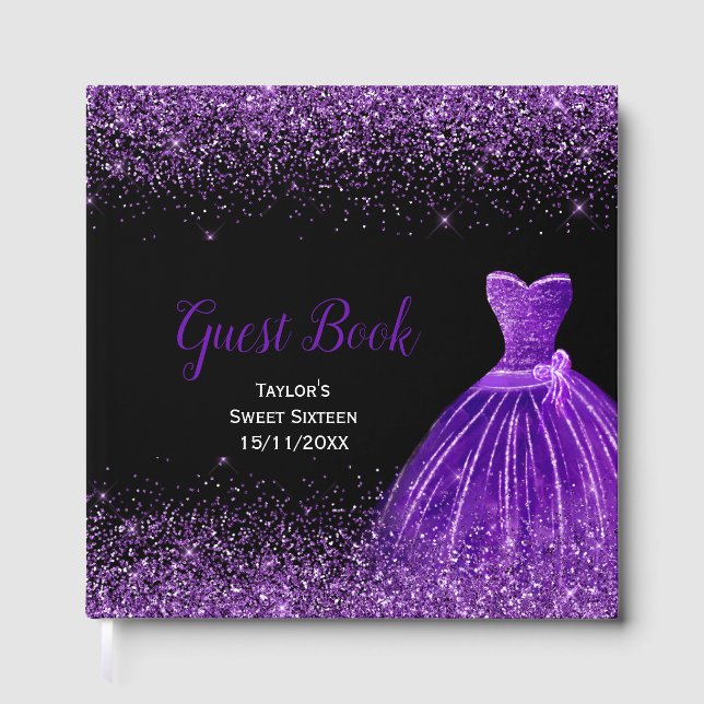 Mörk lila klänning Falskt glitter Sweet 16 födelse Gästböcker (Framsida)