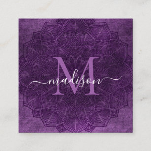 Mörk Lila Mandala Lotus Flower Monogram-skript Fyrkantigt Visitkort