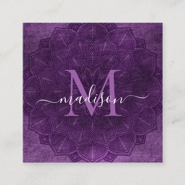 Mörk Lila Mandala Lotus Flower Monogram-skript Fyrkantigt Visitkort (Framsida)