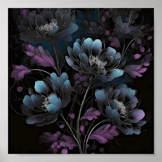Mörk lila och blå blomkonst poster (Framsidan)