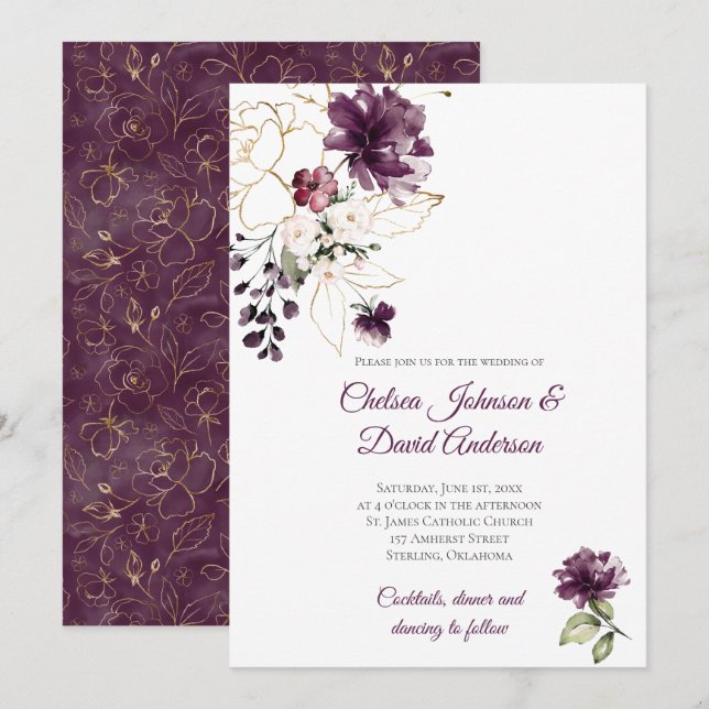 Mörk Lila och Guld Blommigt Winter Wedding Inbjudningar (Fram/baksida)