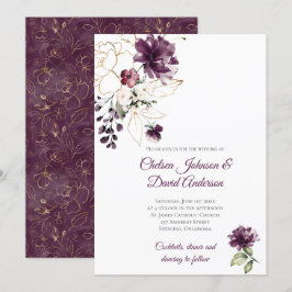 Mörk Lila och Guld Blommigt Winter Wedding Inbjudningar