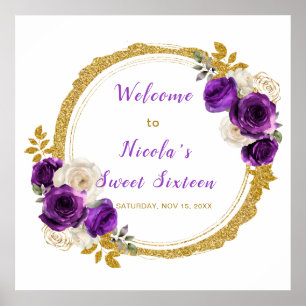 Mörk Lila och Guld Elegant Flowers Sweet sixteen Poster