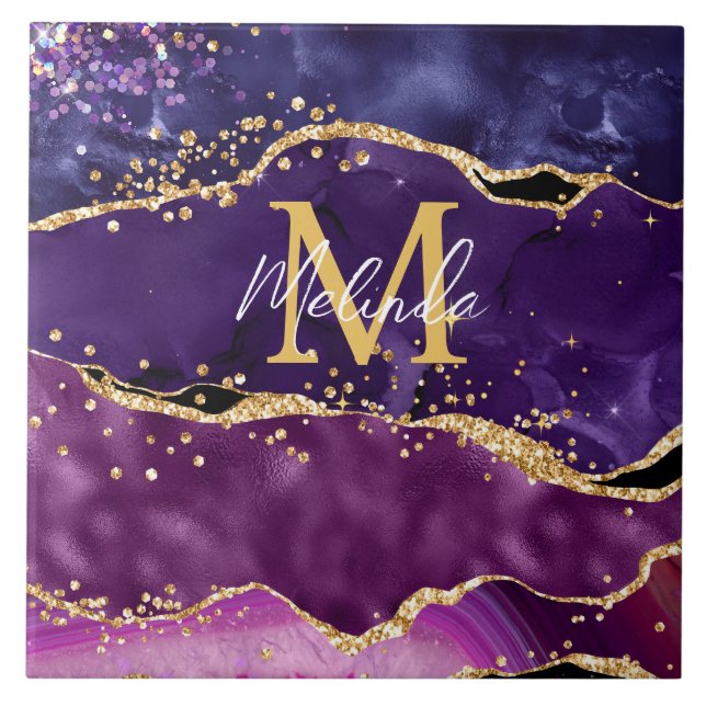 Mörk Lila och havsaquiner från Guld Glitter Agate Kakelplatta (Framsidan)