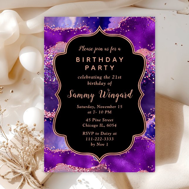 Mörk Lila och Rosa Sequins Agate Birthday Inbjudningar (Skapare uppladdad)