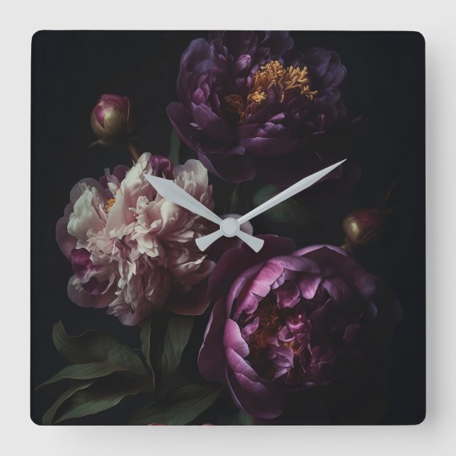 Mörk Lila Peonies Flower Bouquet Oil still Life Fyrkantig Klocka (Framsida)