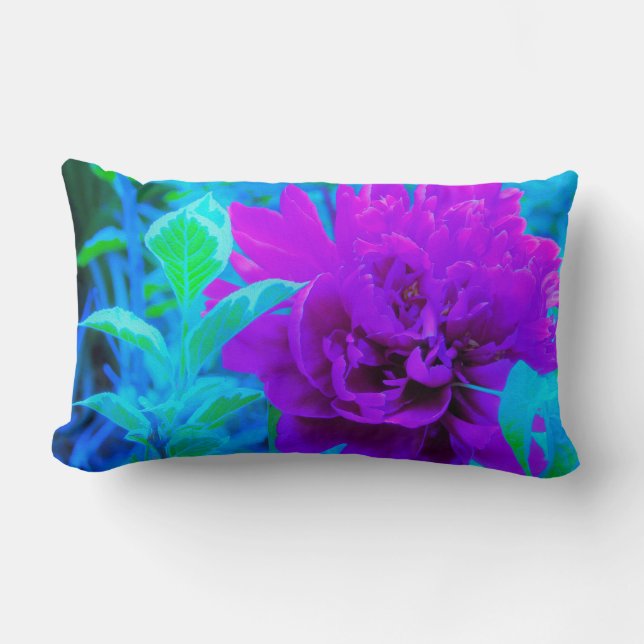 Mörk Lila Peony med Vacker Lövverk Lumbarkudde (Framsida)