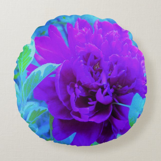 Mörk Lila Pion med Vacker Lövverk Rund Kudde (Framsidan)