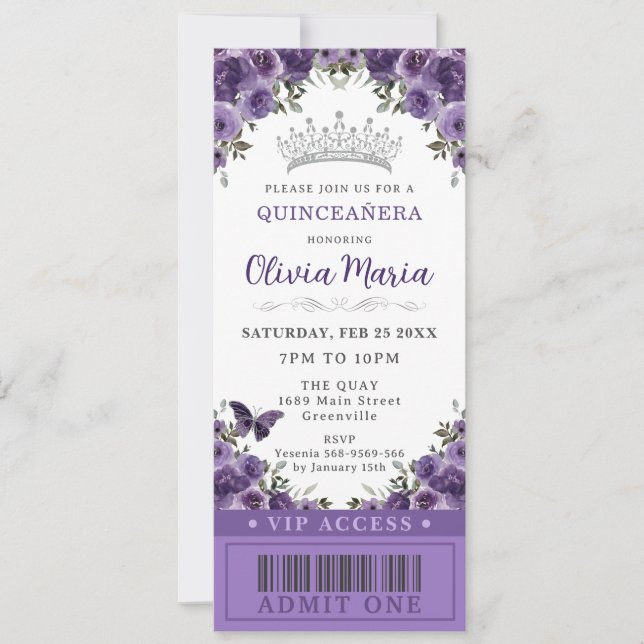 Mörk Lila Plum Blommigt Quinceañera VIP Biljett Inbjudningar (Framsida)