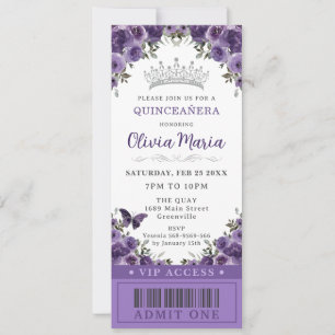Mörk Lila Plum Blommigt Quinceañera VIP Biljett Inbjudningar