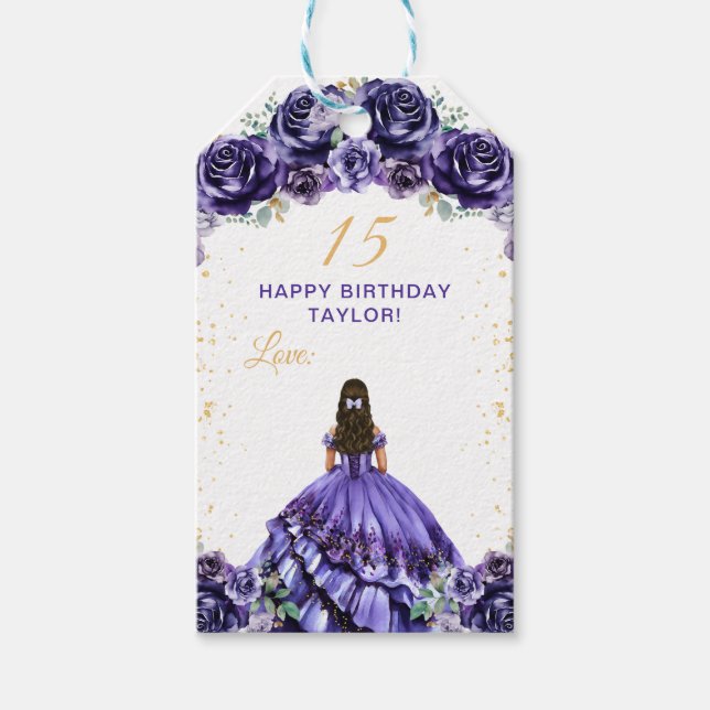 Mörk Lila Princess Quinceañera Grattis på födelsed Presentetikett (Framsidan)