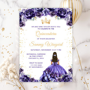 Mörk lila prinsessa blomster Quinceañera Inbjudningar