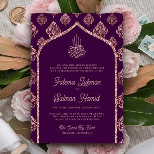 Mörk Lila Rosa Guld Damask Båge Muslimsk Bröllop Inbjudningar