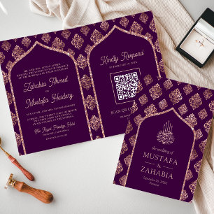 Mörk Lila Rosa Guld Damask Båge QR-kod Muslimska Inbjudan