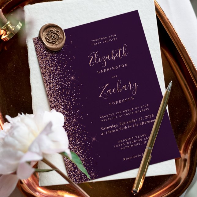 Mörk Lila Rosé Guld Falsk Glitterkant Bröllop Inbjudningar (Skapare uppladdad)