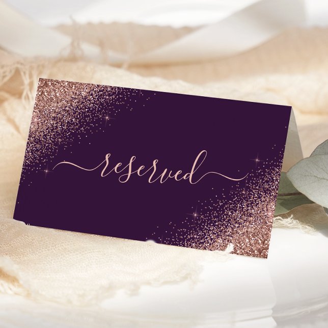 Mörk Lila Roséguld Glitter Reserverad Bröllop Placeringskort (Skapare uppladdad)