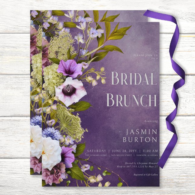 Mörk Lila & Sage Blommigt Modern Möhippa Brunch Inbjudningar (Dark Purple & Sage Floral Modern Bridal Brunch Invitation)