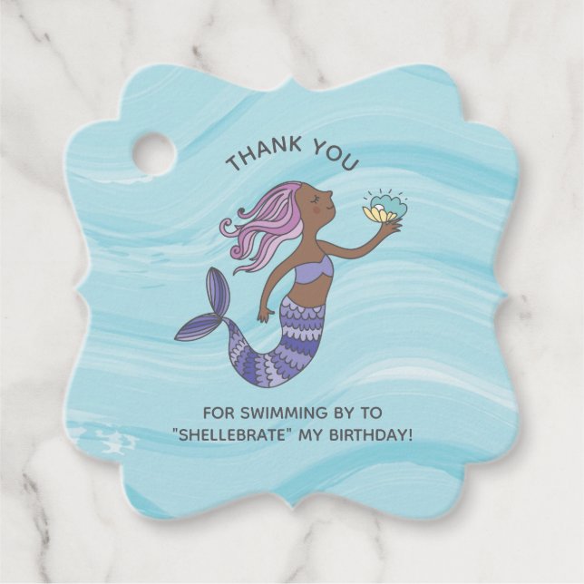 Mörk Lila Sjöjungfru med Sea Turtle Birthday Gåvor Etiketter (Framsida)