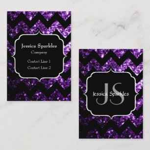 Mörk Lila sparkles black Chevron Monogram Visitkort
